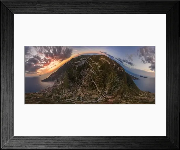 Framed Print : Aerial 360 sphere photo of Komiza sunset over Adriatic sea in Komiza port on Vis Island in summer Framed Print : Aerial 360 sphere photo of Komiza sunset over Adriatic sea in Komiza port on Vis Island in summer