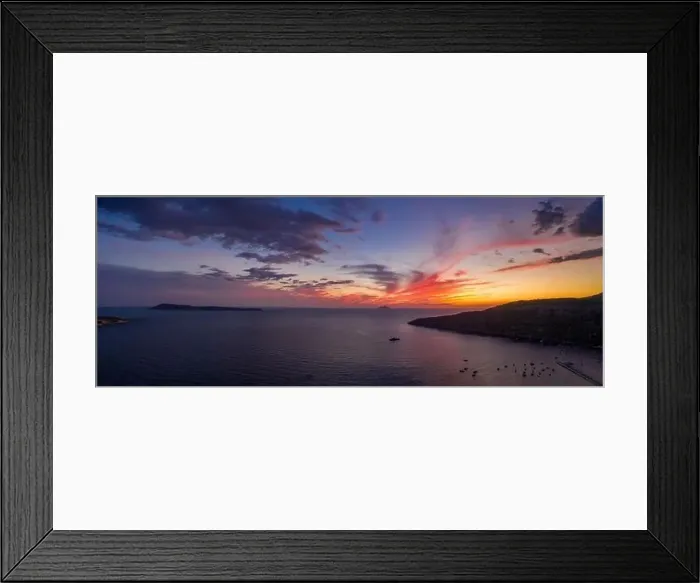 Framed Print : Aerial panorama drone shot of sunset burning sky clouds on Komiza town over Vis Island in Croatia Summer Framed Print : Aerial panorama drone shot of sunset burning sky clouds on Komiza town over Vis Island in Croatia Summer