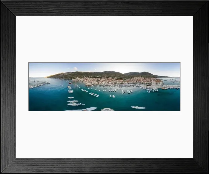 Framed Print : Aerial 360 panorama drone shot of Komiza town of Vis Island before sunrise hour in Croatia summer Framed Print : Aerial 360 panorama drone shot of Komiza town of Vis Island before sunrise hour in Croatia summer