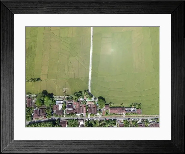 Framed Print : Aerial top view of rice field with road in Pronosutan View, Kulon Progo, Yogyakarta