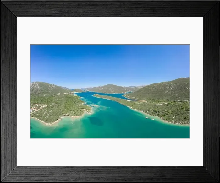Framed Print : Aerial drone shot of Mali Ston mountains by sea in Croatia summer morning Framed Print : Aerial drone shot of Mali Ston mountains by sea in Croatia summer morning