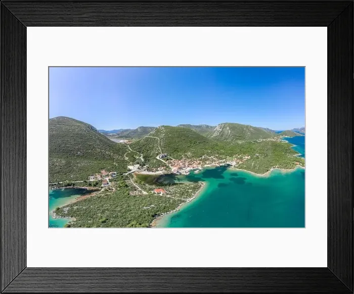 Framed Print : Aerial drone shot of Mali Ston village with City Wall of Ston in Ragusa near Dubrovnik in Croatia summer Framed Print : Aerial drone shot of Mali Ston village with City Wall of Ston in Ragusa near Dubrovnik in Croatia summer