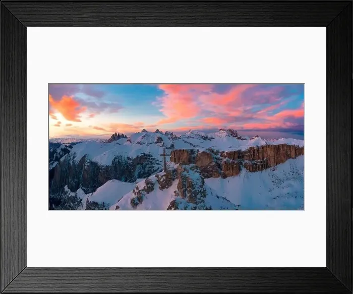 Framed Print : Pink clouds at sunset over Gran Cir summit cross and Odle mountains covered with snow in winter Framed Print : Pink clouds at sunset over Gran Cir summit cross and Odle mountains covered with snow in winter