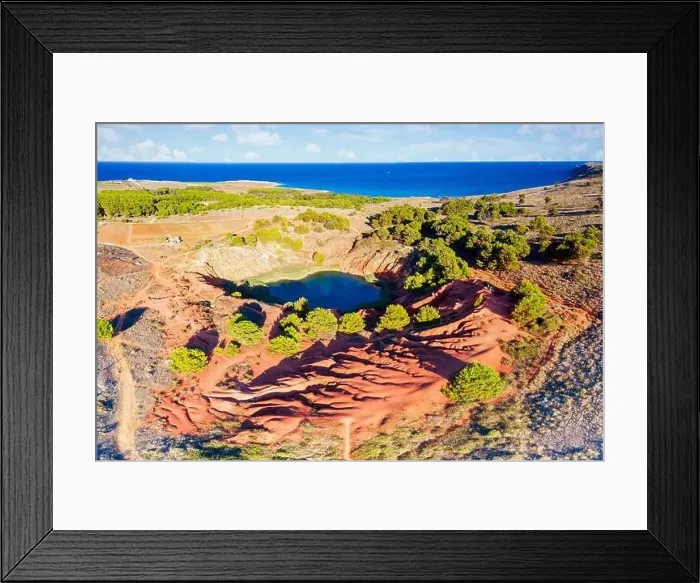 Framed Print : Bauxite quarry abandoned mine and small lake, aerial view, Otranto, Lecce province, Apulia, Italy Framed Print : Bauxite quarry abandoned mine and small lake, aerial view, Otranto, Lecce province, Apulia, Italy