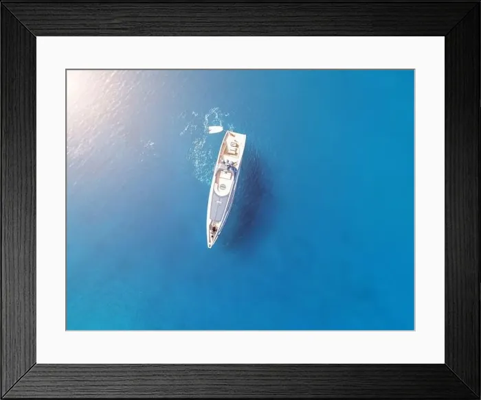 Framed Print : Aerial top view by drone of luxury yacht in the sea Framed Print : Aerial top view by drone of luxury yacht in the sea
