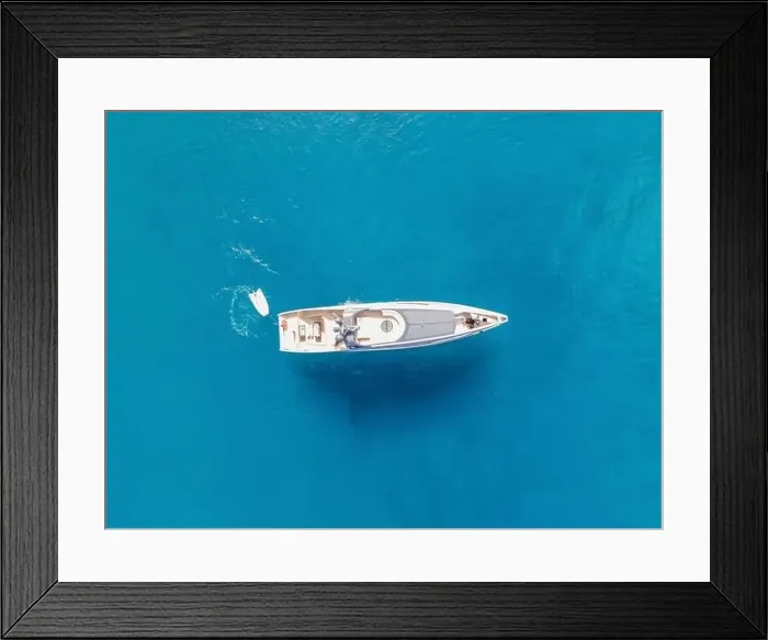 Framed Print : Aerial top view by drone of luxury yacht in the sea Framed Print : Aerial top view by drone of luxury yacht in the sea