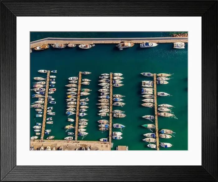 Framed Print : Aerial top view by drone of boats and yachts in mediterranean harbor. View in summer sunny day Framed Print : Aerial top view by drone of boats and yachts in mediterranean harbor. View in summer sunny day