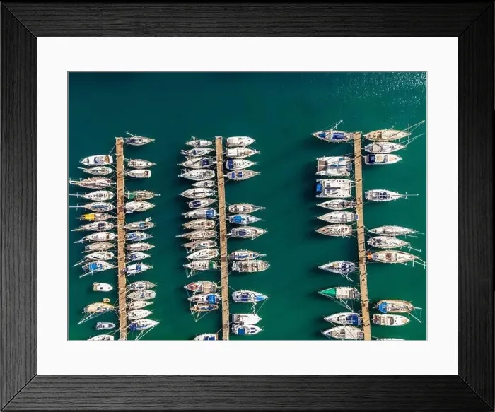 Framed Print : Aerial top view by drone of boats and yachts in mediterranean harbor. View in summer sunny day Framed Print : Aerial top view by drone of boats and yachts in mediterranean harbor. View in summer sunny day