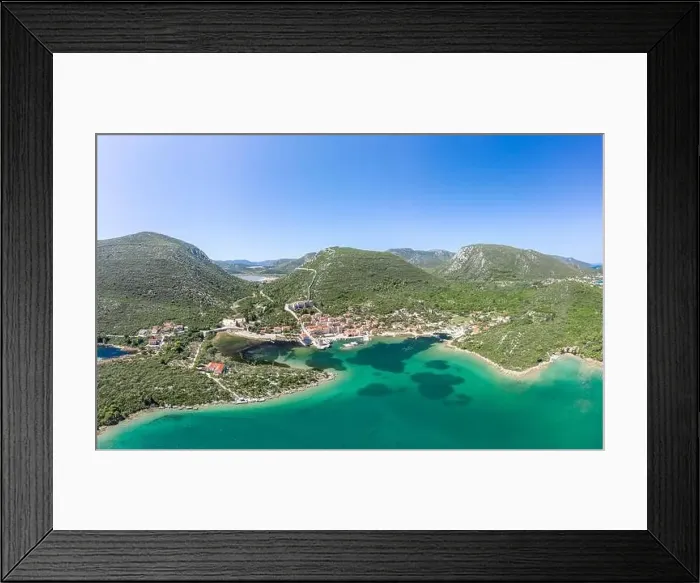 Framed Print : Aerial drone shot of Mali Ston village with City Wall of Ston in Ragusa near Dubrovnik in Croatia summer Framed Print : Aerial drone shot of Mali Ston village with City Wall of Ston in Ragusa near Dubrovnik in Croatia summer