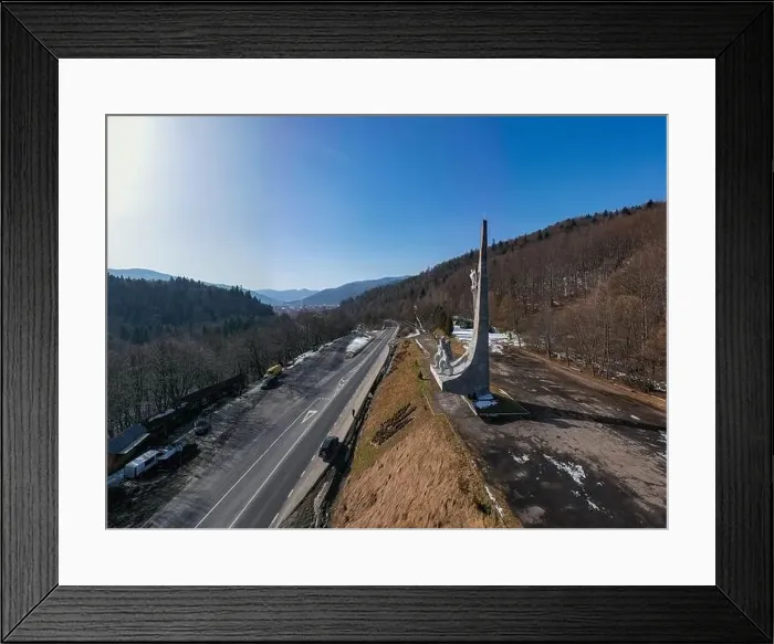 Framed Print : Aerial view on mountain road from drone in winter Framed Print : Aerial view on mountain road from drone in winter