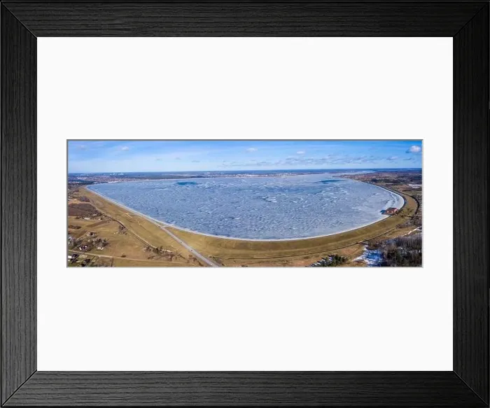 Framed Print : Panoramic aerial view of the winter dam near hydroelectric power plant