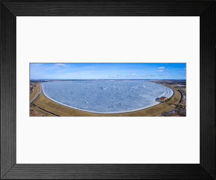 Framed Print : Panoramic aerial view of the winter dam near hydroelectric power plant
