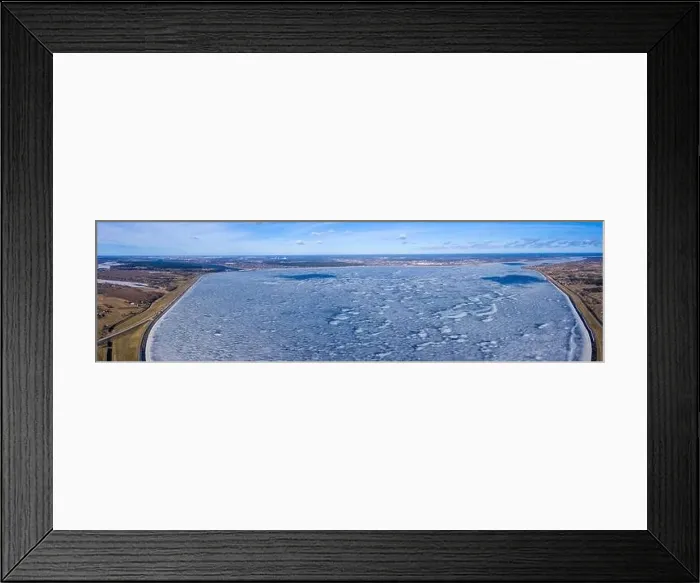 Framed Print : Panoramic aerial view of the winter dam near hydroelectric power plant