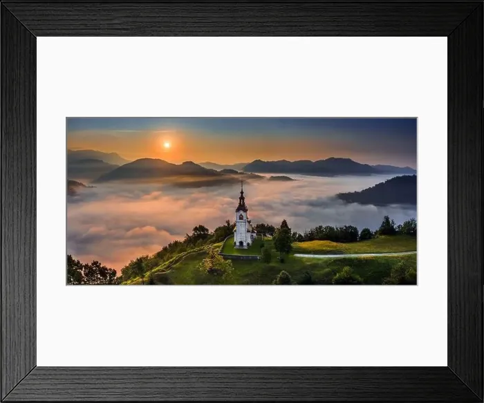 Framed Print : Sebrelje, Slovenia - Aerial panoramic drone view of the beautiful hilltop church of St Framed Print : Sebrelje, Slovenia - Aerial panoramic drone view of the beautiful hilltop church of St