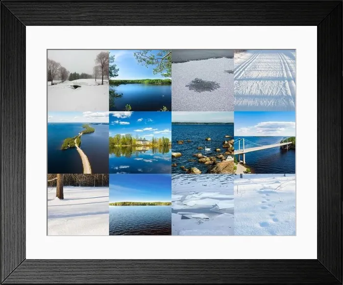 Framed Print : Collage of winter and summer nature photos in form of Finnish flag. Full size Framed Print : Collage of winter and summer nature photos in form of Finnish flag. Full size