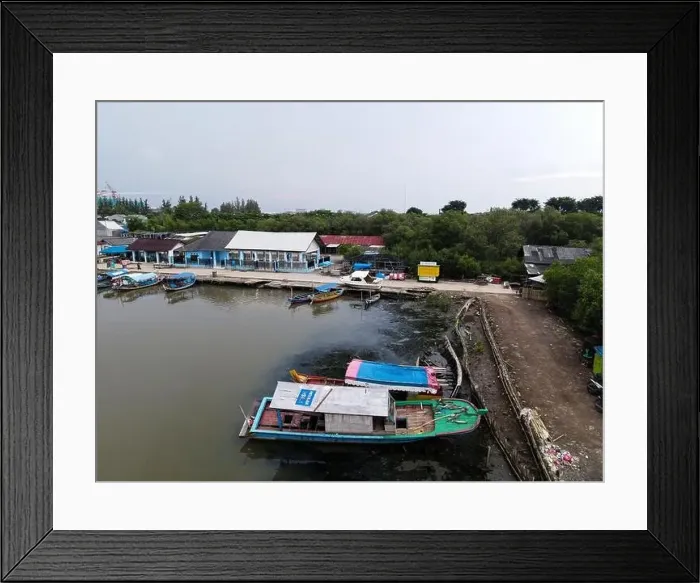 Framed Print : Aerial view of fisherman village and mangrove forest in rainy season. Bekasi, Indonesia, March 9, 2021 Framed Print : Aerial view of fisherman village and mangrove forest in rainy season. Bekasi, Indonesia, March 9, 2021