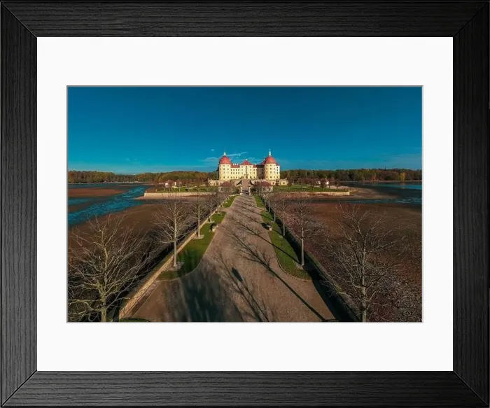 Framed Print : Panoramic view of Moritzburg Castle in autumn, Germany. Drone photography Framed Print : Panoramic view of Moritzburg Castle in autumn, Germany. Drone photography