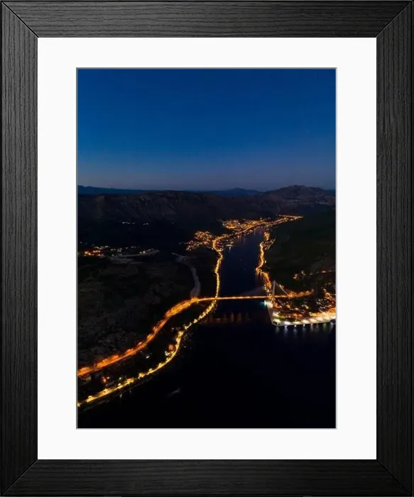 Framed Print : Aerial drone shot of Port Gruz by Dubrovnik bridge with lights in Croatia summer at dusk Framed Print : Aerial drone shot of Port Gruz by Dubrovnik bridge with lights in Croatia summer at dusk