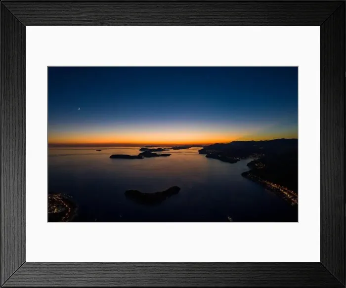 Framed Print : Aerial drone shot of post sunset over Adriatic sea view from Babin Kuk hill in Dubrovnik Croatia summer Framed Print : Aerial drone shot of post sunset over Adriatic sea view from Babin Kuk hill in Dubrovnik Croatia summer