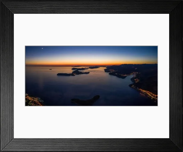 Framed Print : Aerial panorama drone shot of sunset horizon in Adriatic islands in Dubrovnik in Croatia summer Framed Print : Aerial panorama drone shot of sunset horizon in Adriatic islands in Dubrovnik in Croatia summer