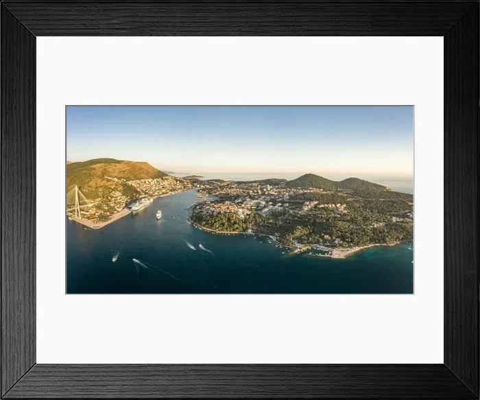 Framed Print : Aerial panorama drone shot of Dubrovnik bridge at Port Gruz in Lapad Adriatic sea in Croatia summer sunset