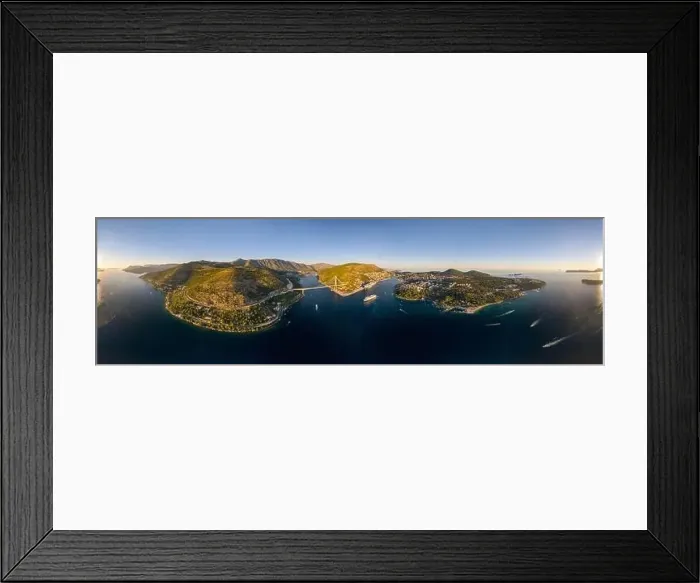 Framed Print : Aerial 360 panorama photo of Dubrovnik bridge Lapad peninsula in Adriatic sea in Croatia summer sunset