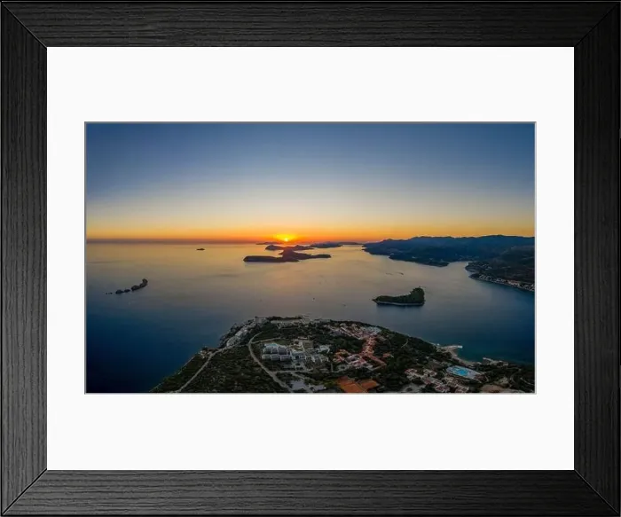 Framed Print : Aerial drone shot of sunset over Adriatic sea vie from Babin Kuk hill in Dubrovnik Croatia summer Framed Print : Aerial drone shot of sunset over Adriatic sea vie from Babin Kuk hill in Dubrovnik Croatia summer