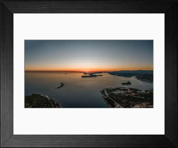 Framed Print : Aerial drone shot of sunset over Adriatic sea vie from Babin Kuk hill in Dubrovnik Croatia summer Framed Print : Aerial drone shot of sunset over Adriatic sea vie from Babin Kuk hill in Dubrovnik Croatia summer