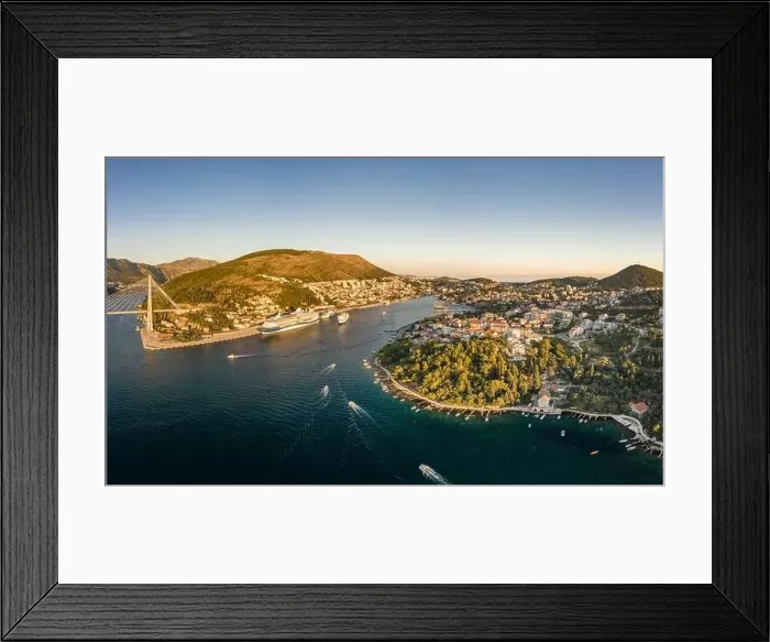 Framed Print : Aerial panorama drone shot of Dubrovnik bridge at Port Gruz in Lapad Adriatic sea in Croatia summer sunset Framed Print : Aerial panorama drone shot of Dubrovnik bridge at Port Gruz in Lapad Adriatic sea in Croatia summer sunset