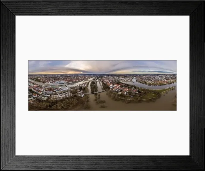 Framed Print : Panorama of Regensburg city in Bavaria with the river Danube the cathedral and the stone bridge during flood Framed Print : Panorama of Regensburg city in Bavaria with the river Danube the cathedral and the stone bridge during flood
