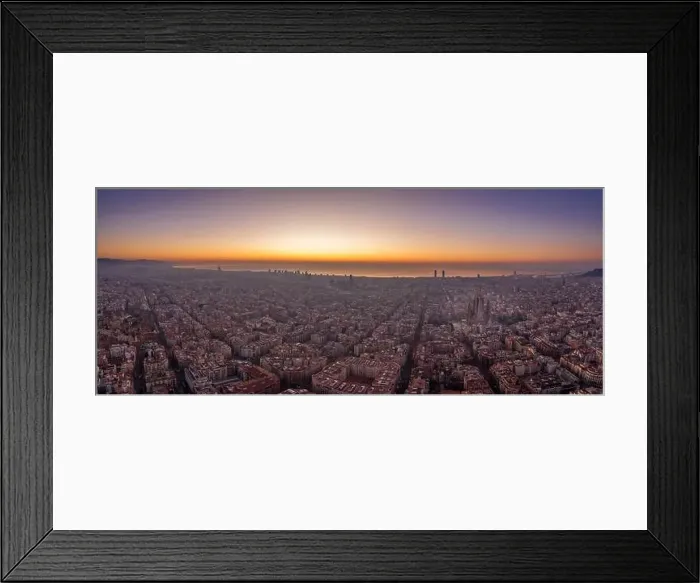 Framed Print : Aerial panorama drone shot of Barcelona with sunrise over sea horizon in Spain winter dawn Framed Print : Aerial panorama drone shot of Barcelona with sunrise over sea horizon in Spain winter dawn