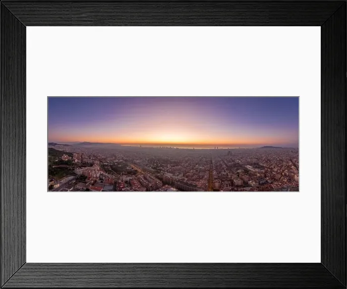 Framed Print : Aerial panorama drone shot of Barcelona with sunrise over sea horizon in Spain winter dawn Framed Print : Aerial panorama drone shot of Barcelona with sunrise over sea horizon in Spain winter dawn