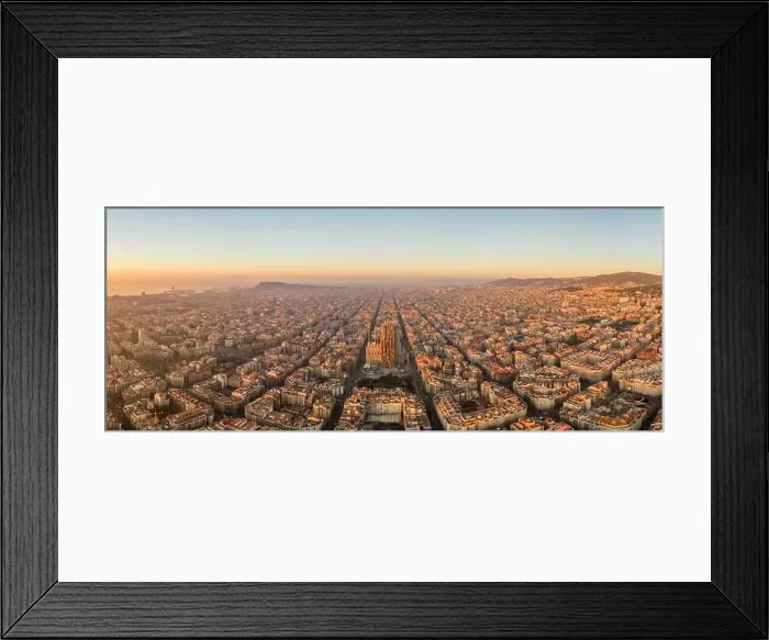 Framed Print : Aerial panorama drone shot of sunrise over sea horizon of Barcelona city in Spain winter dawn Framed Print : Aerial panorama drone shot of sunrise over sea horizon of Barcelona city in Spain winter dawn