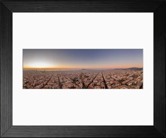 Framed Print : Panoramic aerial drone shot of Barcelona city skyline with church before sunrise in winter Framed Print : Panoramic aerial drone shot of Barcelona city skyline with church before sunrise in winter