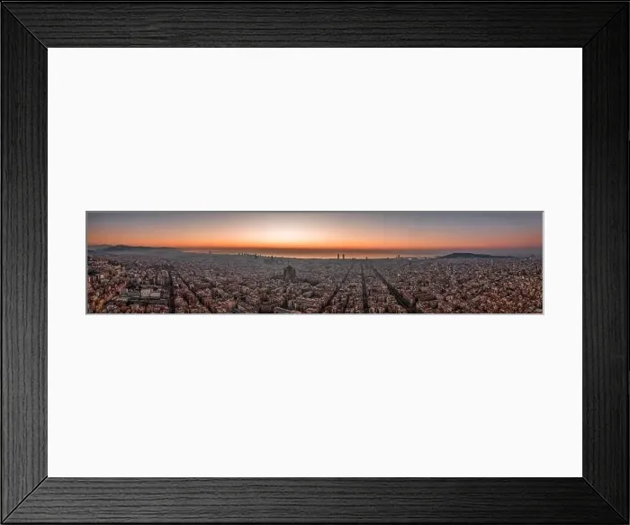 Framed Print : Aerial panorama drone shot of Barcelona with sunrise over sea horizon in Spain winter dawn Framed Print : Aerial panorama drone shot of Barcelona with sunrise over sea horizon in Spain winter dawn