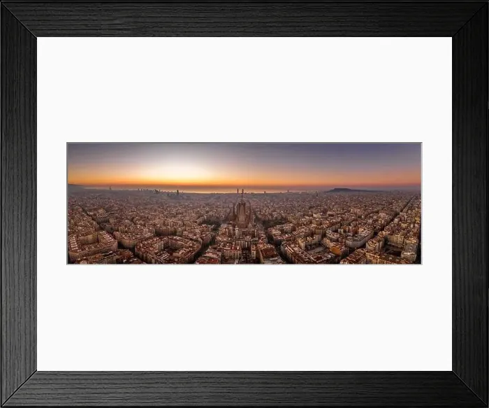 Framed Print : Panoramic aerial drone shot of Barcelona city skyline with church before sunrise in winter Framed Print : Panoramic aerial drone shot of Barcelona city skyline with church before sunrise in winter