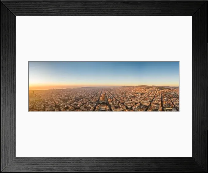 Framed Print : Aerial panorama drone shot of sunrise over sea horizon of Barcelona city in Spain winter dawn Framed Print : Aerial panorama drone shot of sunrise over sea horizon of Barcelona city in Spain winter dawn