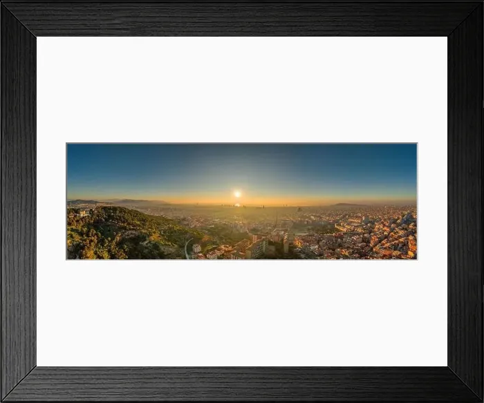 Framed Print : Aerial panorama drone shot of sunrise over sea horizon of Barcelona city in Spain winter dawn Framed Print : Aerial panorama drone shot of sunrise over sea horizon of Barcelona city in Spain winter dawn
