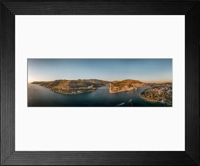 Framed Print : Aerial panorama drone shot of Dubrovnik bridge at Port Gruz in Lapad Adriatic sea in Croatia summer sunset