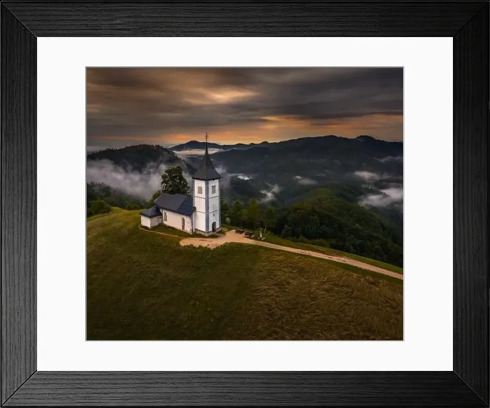 Framed Print : Jamnik, Slovenia - Aerial drone view of a golden sumer sunrise at Jamnik St Framed Print : Jamnik, Slovenia - Aerial drone view of a golden sumer sunrise at Jamnik St