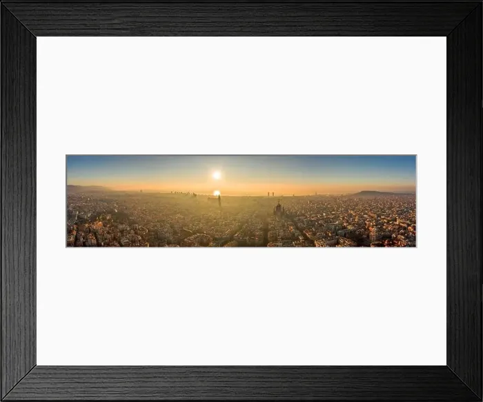 Framed Print : Aerial panorama drone shot of skyline in Barcelona center in misty morning foggy sunrise golden glow in Spain winter Framed Print : Aerial panorama drone shot of skyline in Barcelona center in misty morning foggy sunrise golden glow in Spain winter