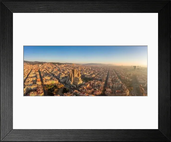 Framed Print : Aerial panorama drone shot of Barcelona center and coast in foggy morning golden hour in Spain winter Framed Print : Aerial panorama drone shot of Barcelona center and coast in foggy morning golden hour in Spain winter
