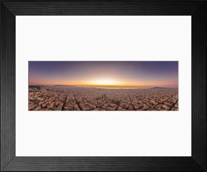 Framed Print : Aerial panorama drone shot of Barcelona with sunrise over sea horizon in Spain winter dawn Framed Print : Aerial panorama drone shot of Barcelona with sunrise over sea horizon in Spain winter dawn
