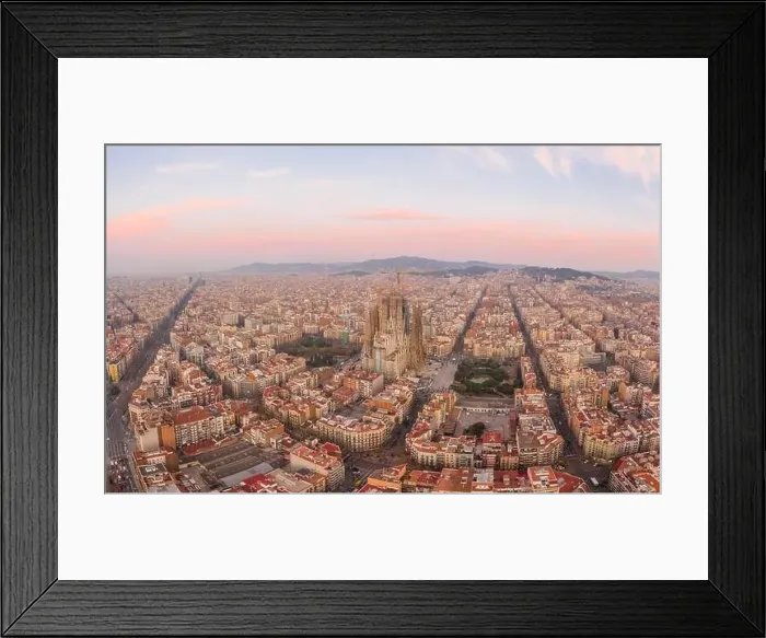 Framed Print : Aerial drone shot of Barcelona city center with Montjuic in early morning before sunrise in Spain winter dawn Framed Print : Aerial drone shot of Barcelona city center with Montjuic in early morning before sunrise in Spain winter dawn