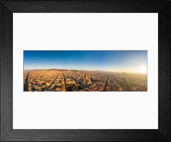 Framed Print : Aerial panorama drone shot of Barcelona center and coast in foggy morning golden hour in Spain winter Framed Print : Aerial panorama drone shot of Barcelona center and coast in foggy morning golden hour in Spain winter