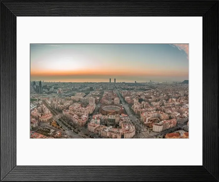 Framed Print : Aerial drone shot of Barcelona city before sunrise time Framed Print : Aerial drone shot of Barcelona city before sunrise time