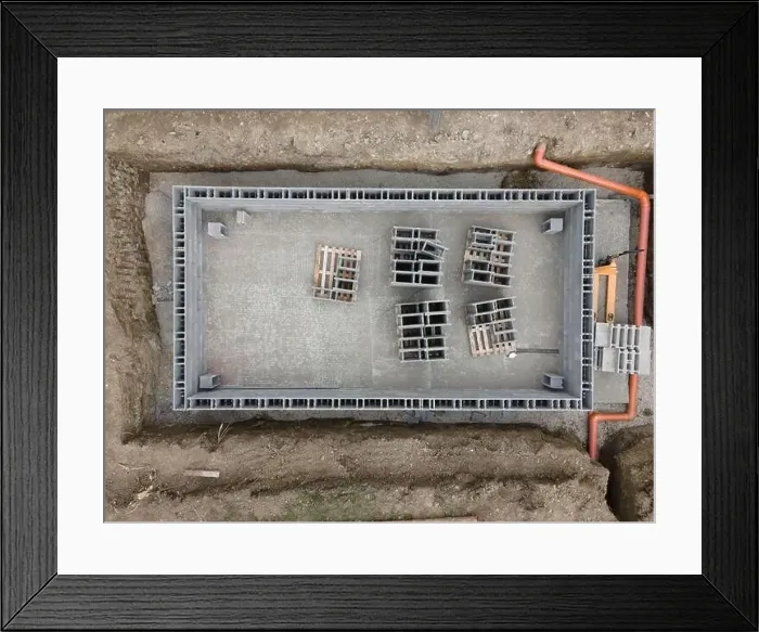 Framed Print : Aerial drone photo of a construction site for a pool Framed Print : Aerial drone photo of a construction site for a pool