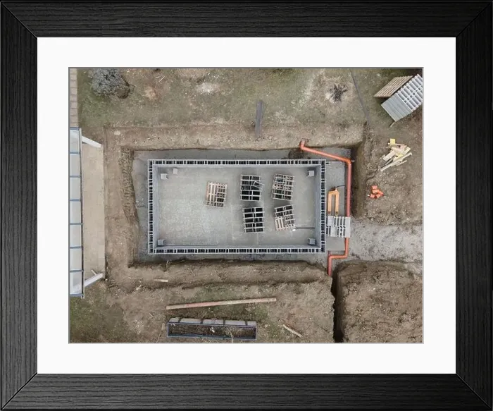 Framed Print : Aerial drone photo of a construction site for a pool Framed Print : Aerial drone photo of a construction site for a pool