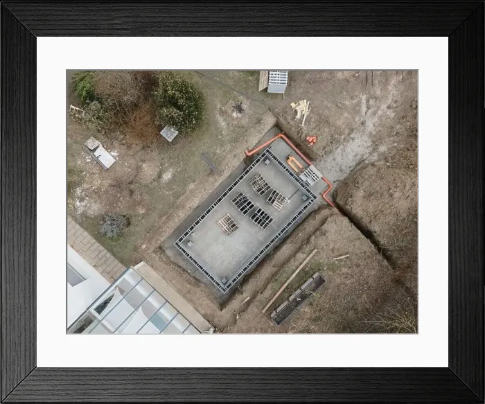 Framed Print : Aerial drone photo of a construction site for a pool Framed Print : Aerial drone photo of a construction site for a pool