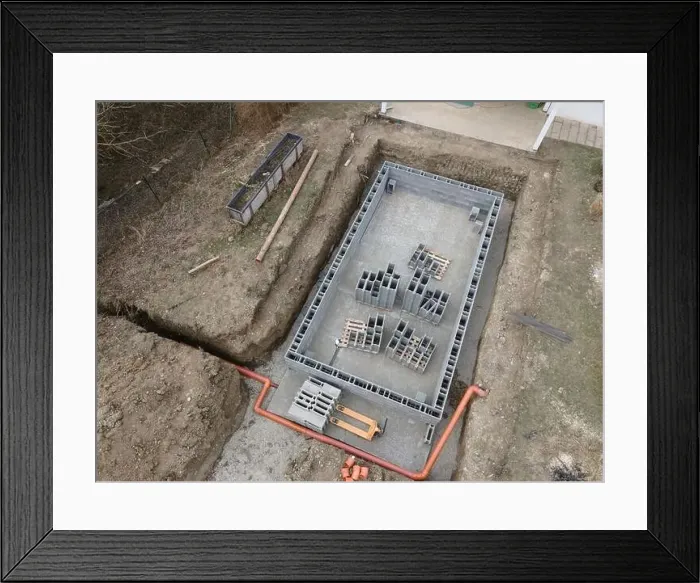 Framed Print : Aerial drone photo of a construction site for a pool Framed Print : Aerial drone photo of a construction site for a pool